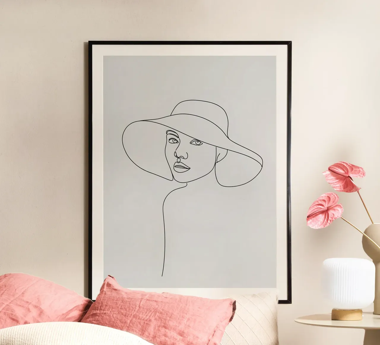 Dessin au trait minimaliste d'une femme avec un chapeau | Modern Abstrac hahnemühle de Viv Line Art