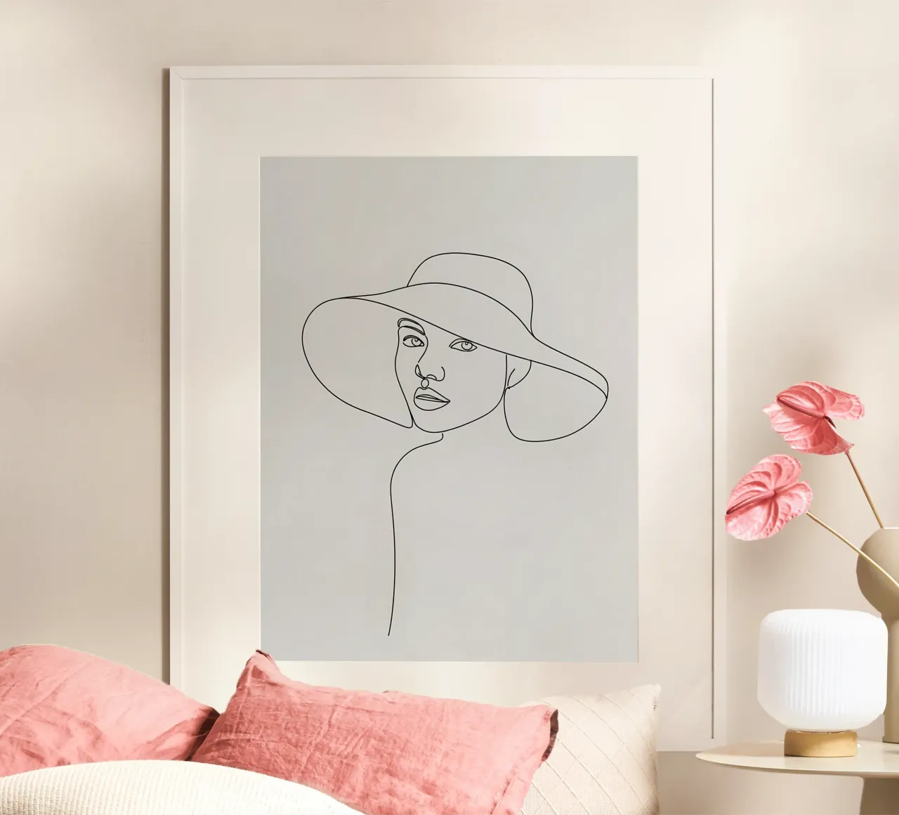 Dessin au trait minimaliste d'une femme avec un chapeau | Modern Abstrac hahnemühle de Viv Line Art