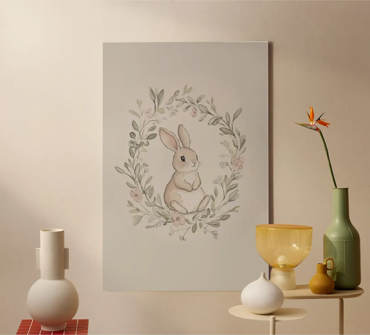 Hasen-Illustration mit Blumenkranz Leinwand von Jungle Joy Art