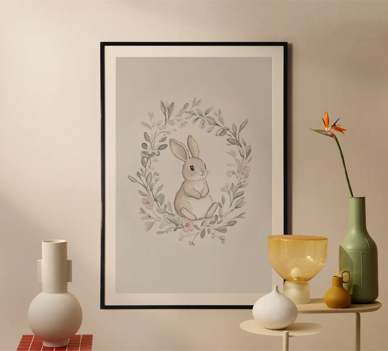 Illustrazione di coniglietto con corona floreale poster con telaio in legno da Jungle Joy Art