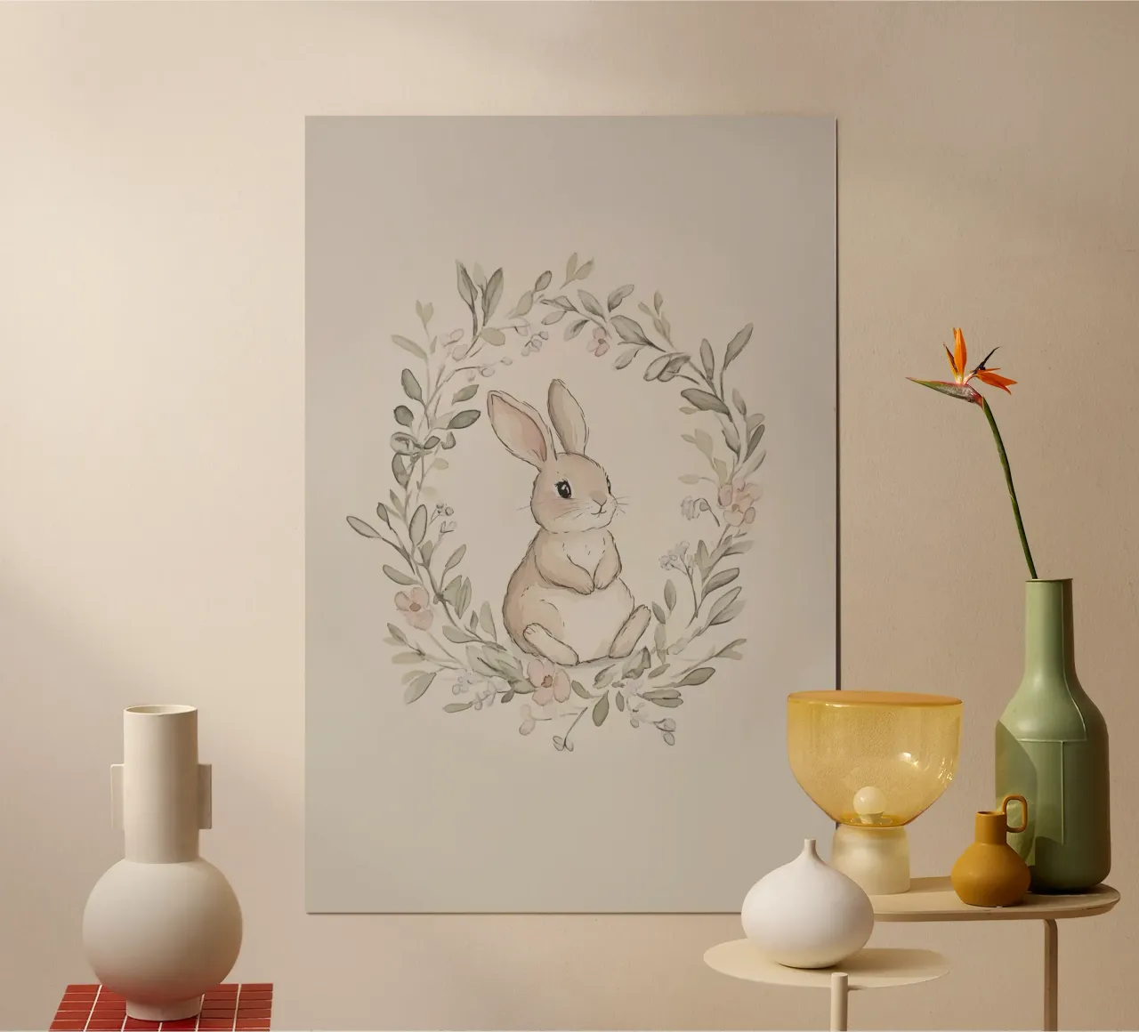 Illustrazione di coniglietto con corona floreale poster con telaio in legno da Jungle Joy Art