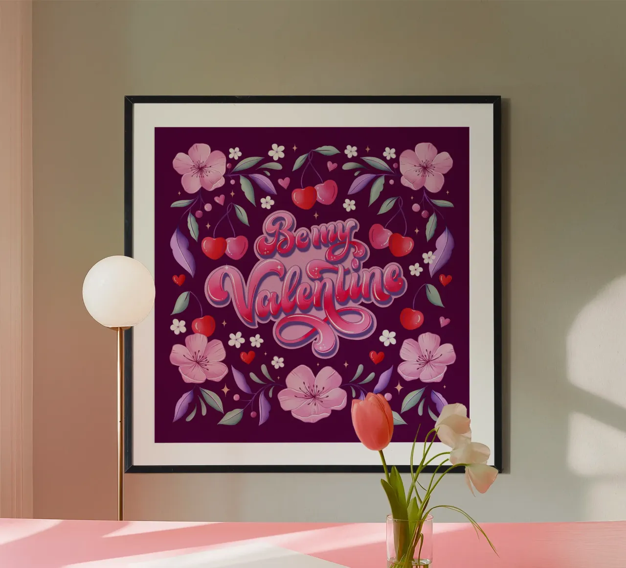 Fiori di ciliegio, cuori e ciliegie. Sii il mio Valentino. poster con telaio in legno da CalliLetters