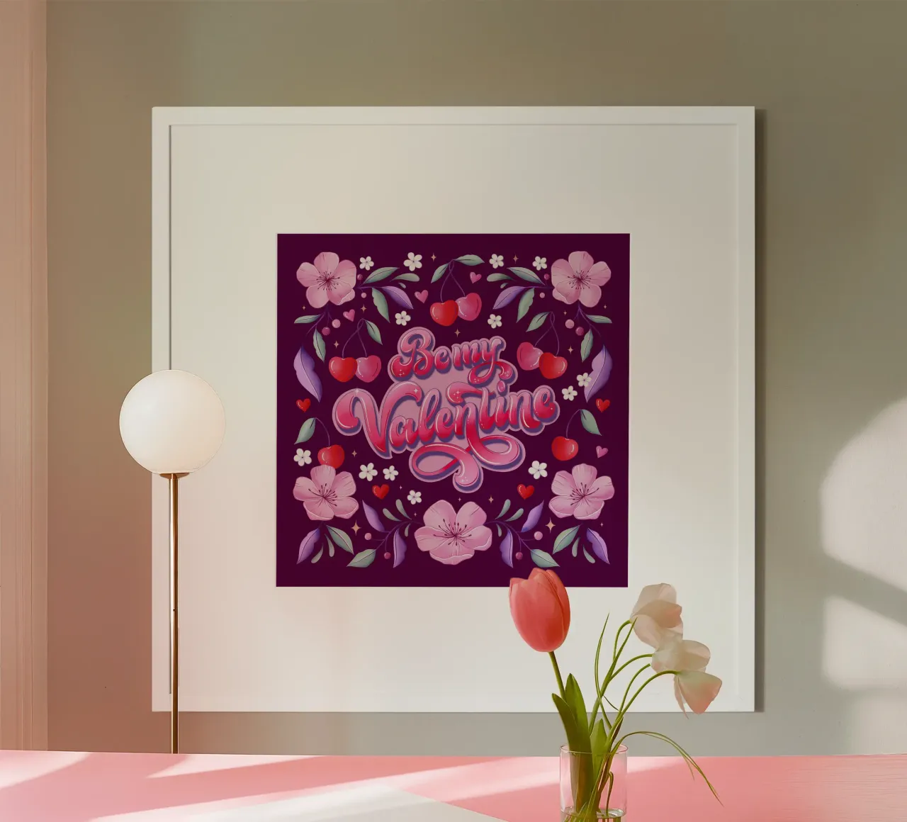 Fiori di ciliegio, cuori e ciliegie. Sii il mio Valentino. poster con telaio in legno da CalliLetters