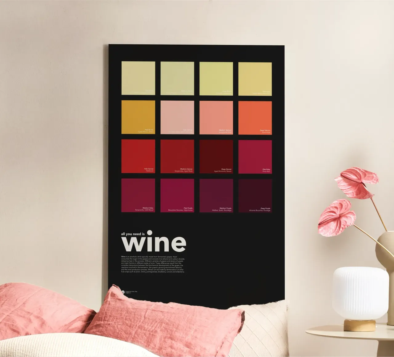 All You Need is Wine - Weinfarben Wandkunst Leinwand mit Schattenfugenrahmen von Chagatai Art