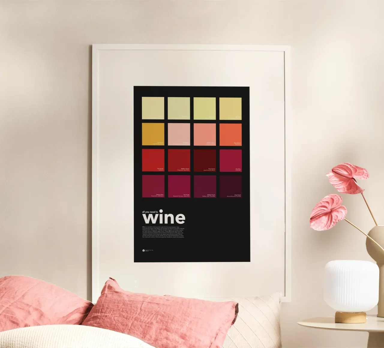 All You Need is Wine - Weinfarben Wandkunst Poster mit Holzrahmen von Chagatai Art