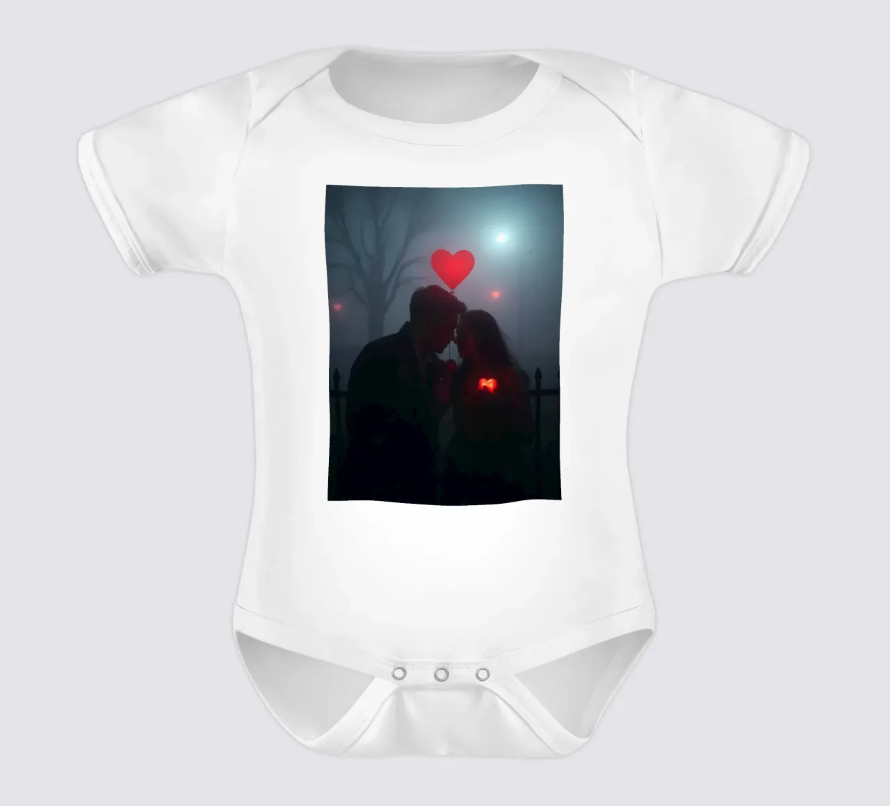 Romantic couple sharing a moment with glowing hearts short-sleeve baby romper by DesignDoodle