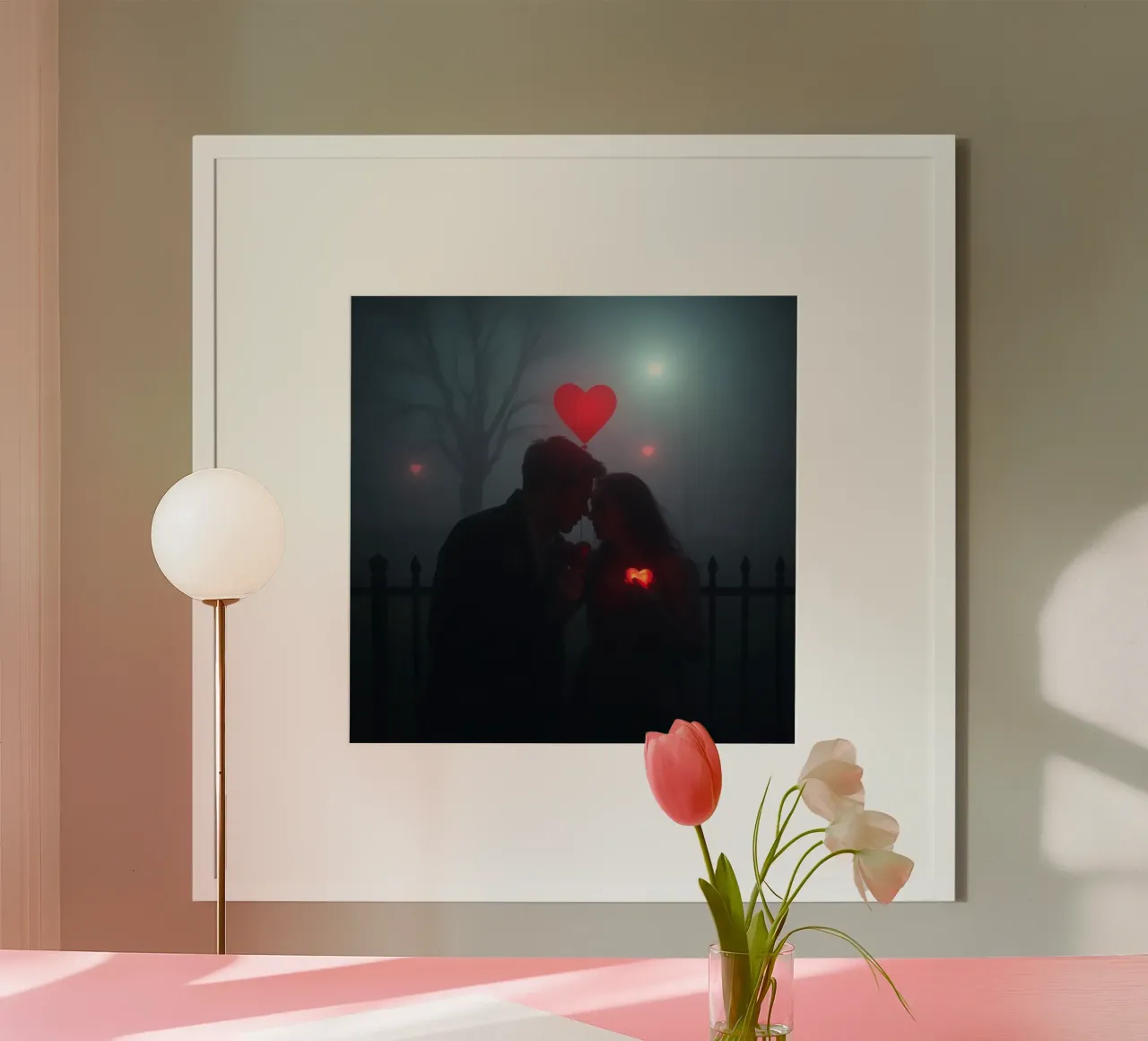 Couple romantique partageant un moment avec des cœurs lumineux poster avec cadre en bois de DesignDoodle