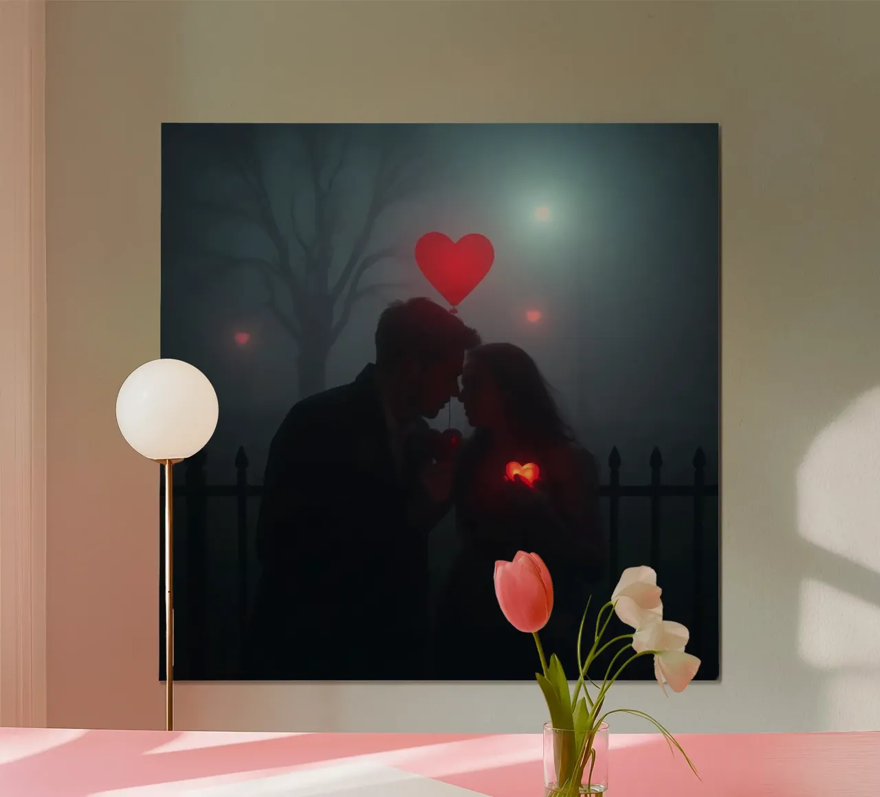Couple romantique partageant un moment avec des cœurs lumineux poster avec cadre en bois de DesignDoodle