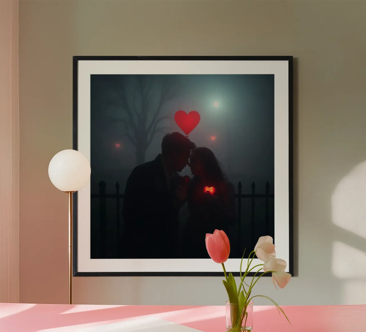 Couple romantique partageant un moment avec des cœurs lumineux poster avec cadre en bois de DesignDoodle
