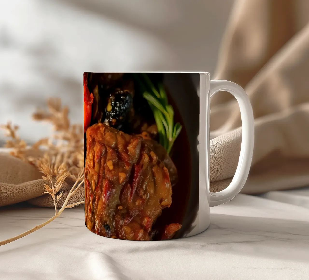 Savory slow-cooked beef stew with herbs and vegetables ceramic mug by DesignDoodle