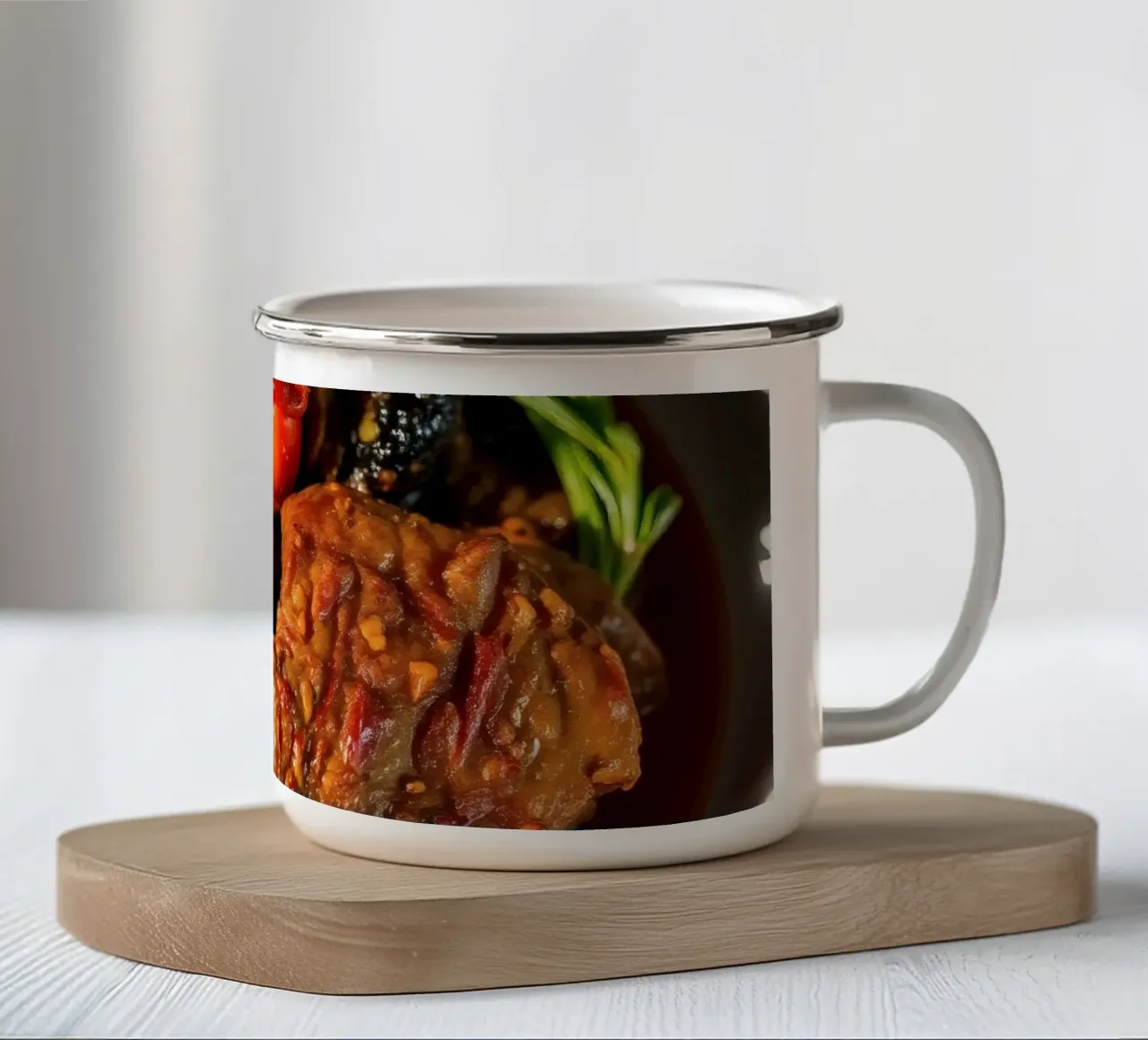 Pikanter, langsam gekochter Rindfleischeintopf mit Kräutern und Gemüse Emaille Tasse von DesignDoodle