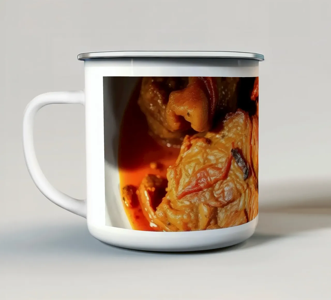 Pikanter, langsam gekochter Rindfleischeintopf mit Kräutern und Gemüse Emaille Tasse von DesignDoodle