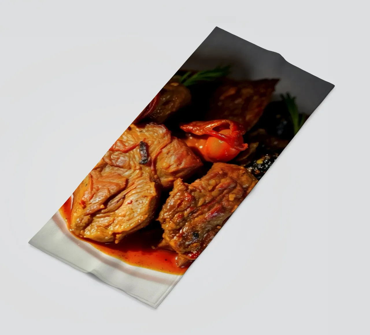 Savory slow-cooked beef stew with herbs and vegetables beach towel by DesignDoodle