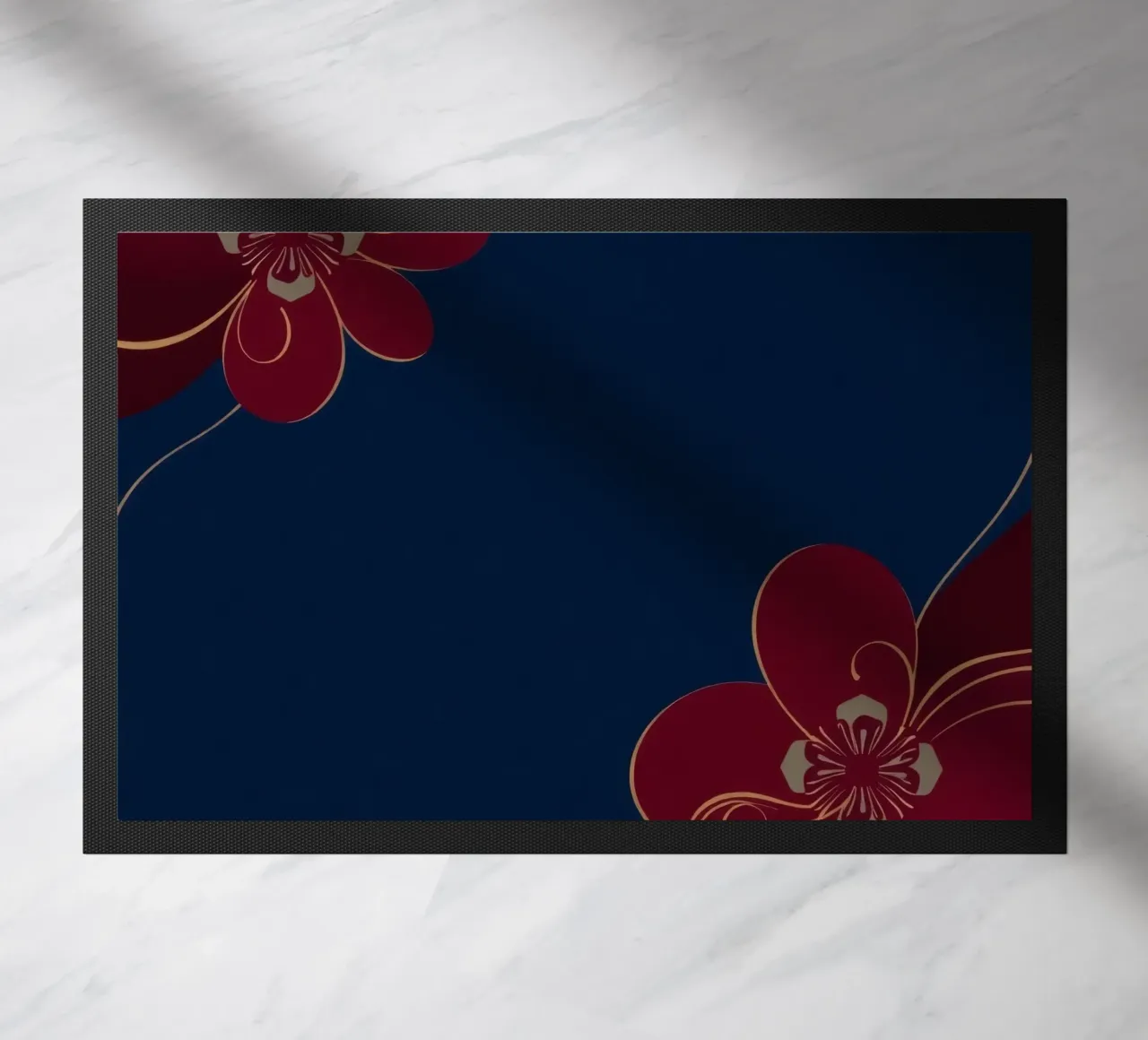 Elegant floral design featuring intricate patterns deep blue doormat by DesignDoodle