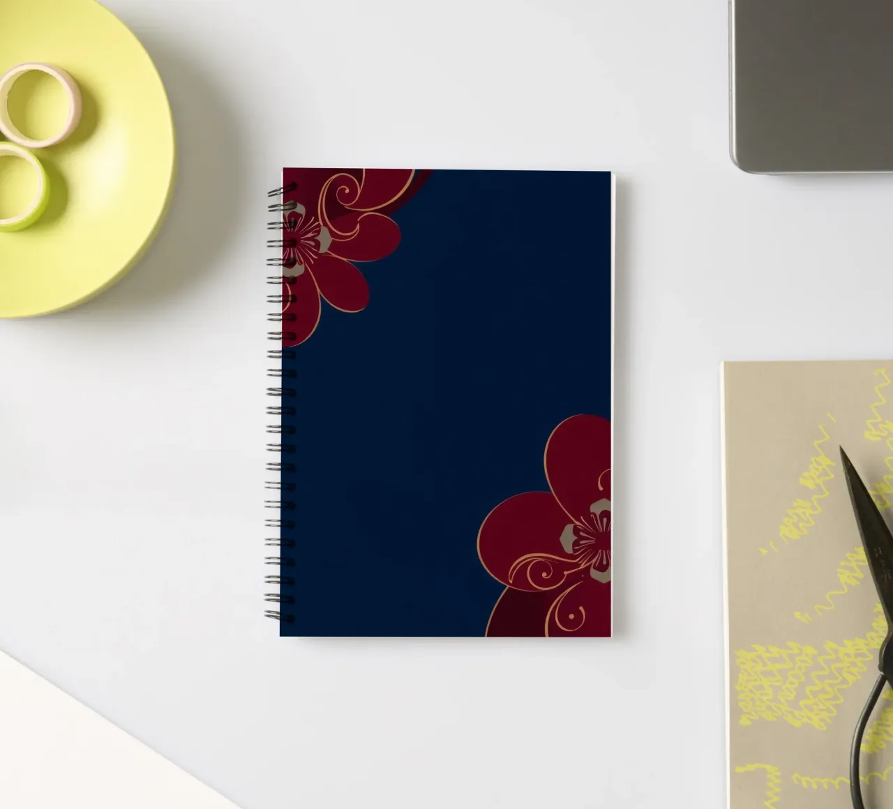 Elegant floral design featuring intricate patterns deep blue spiral notebook by DesignDoodle