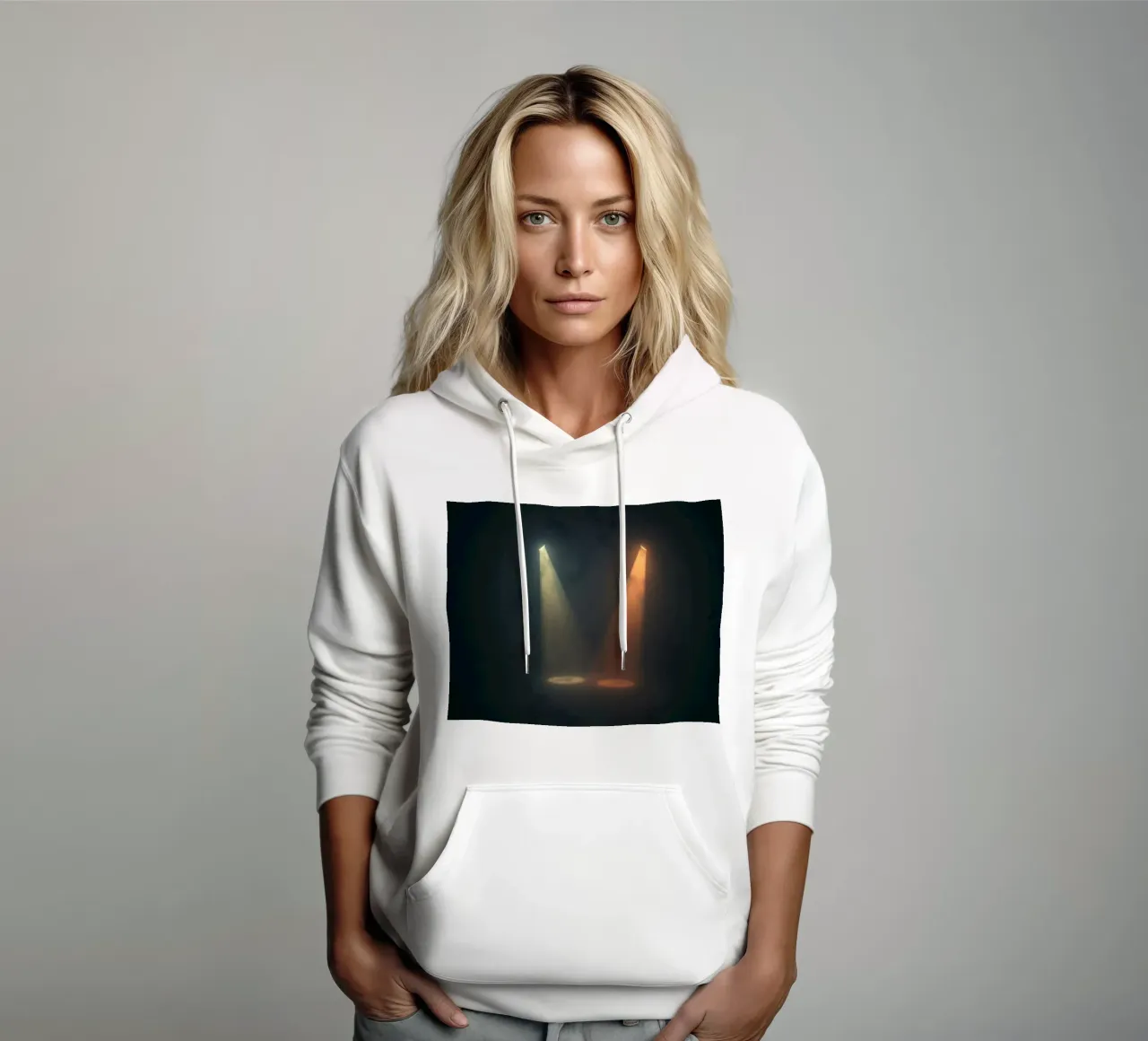 Twee contrasterende spotlightstralen verlichten een mistig podium hoodie van DesignDoodle