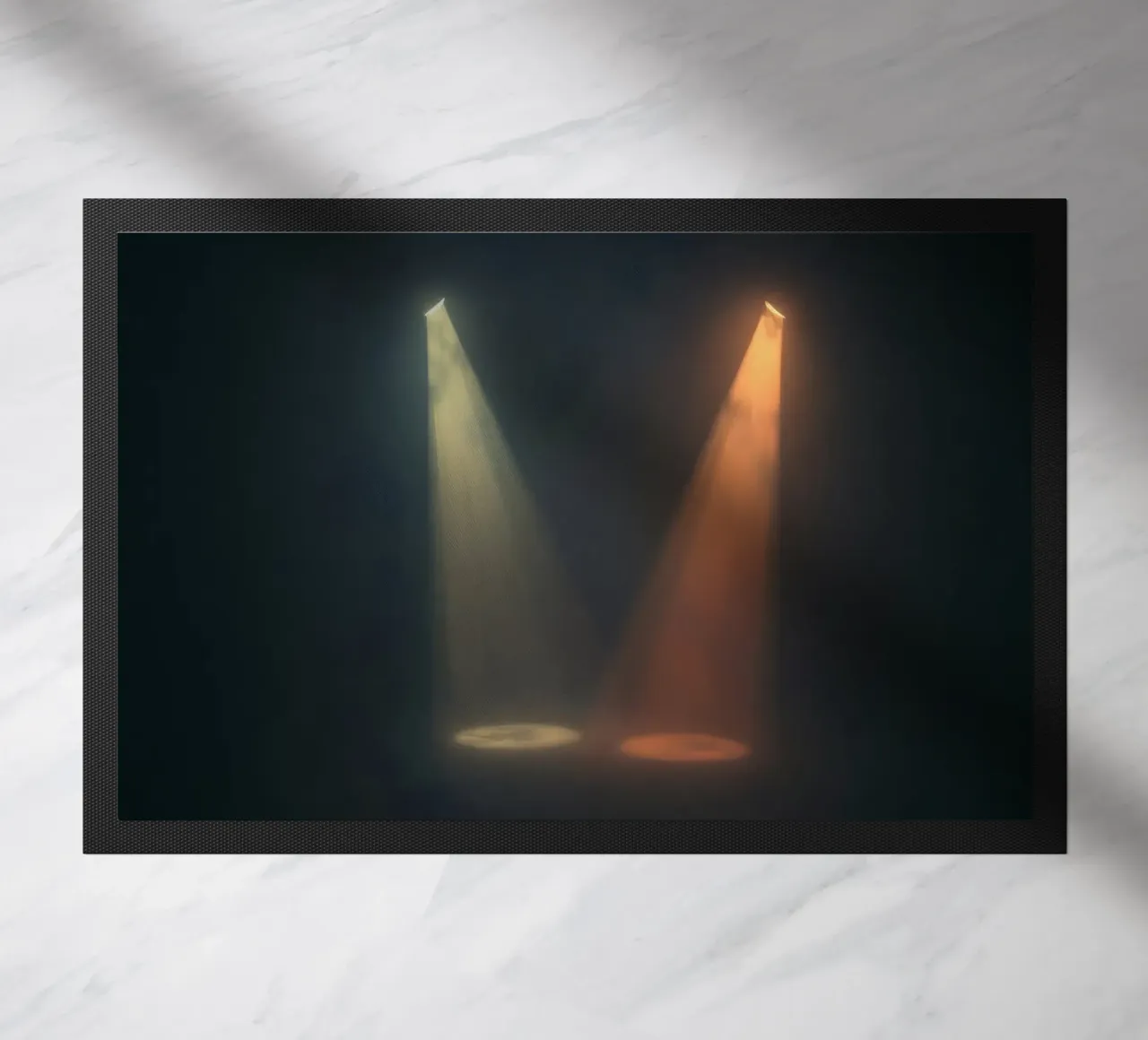 Two contrasting spotlight beams illuminate a foggy stage doormat by DesignDoodle
