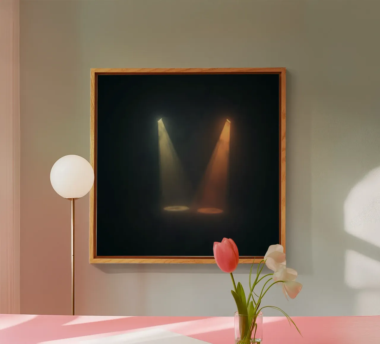 Dos haces de focos en contraste iluminan un escenario con niebla metacrilato de DesignDoodle