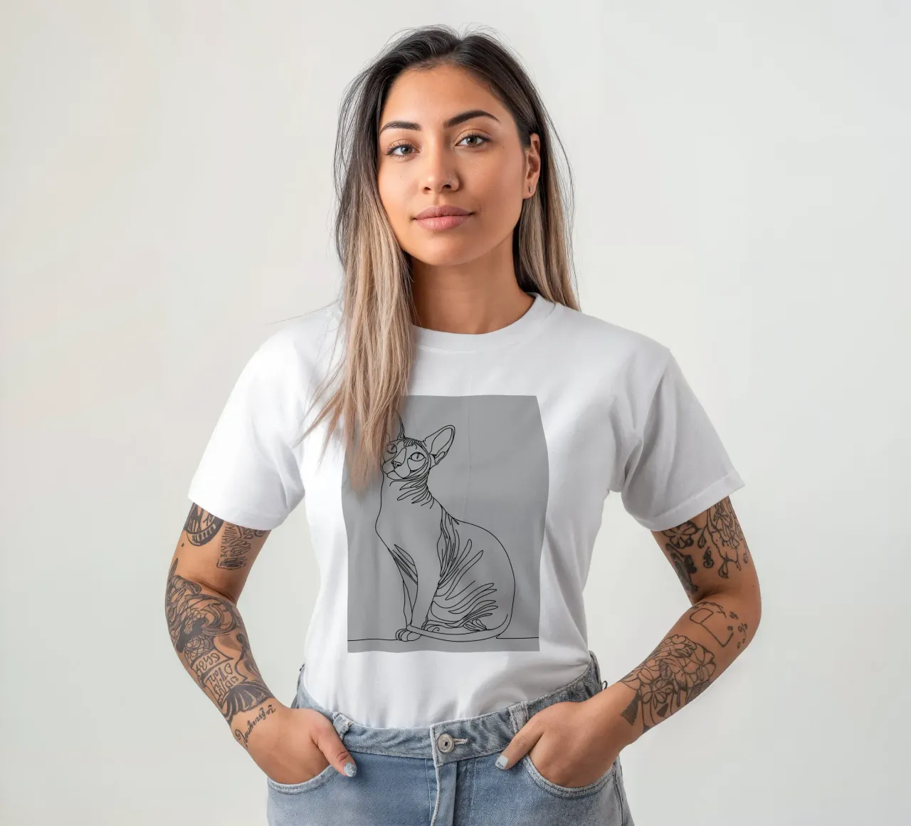 Minimalist Line Drawing of a Sphynx Cat | Modern Abstract Ar t-shirt by Viv Line Art