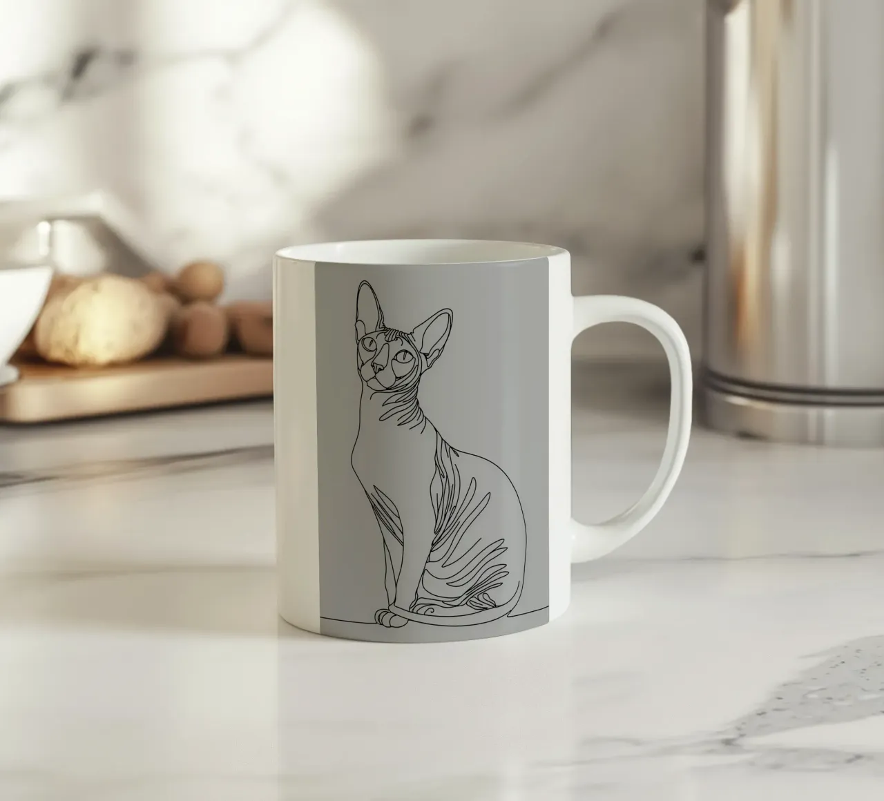 Dessin au trait minimaliste d'un chat Sphynx | Modern Abstract Ar mug en céramique de Viv Line Art