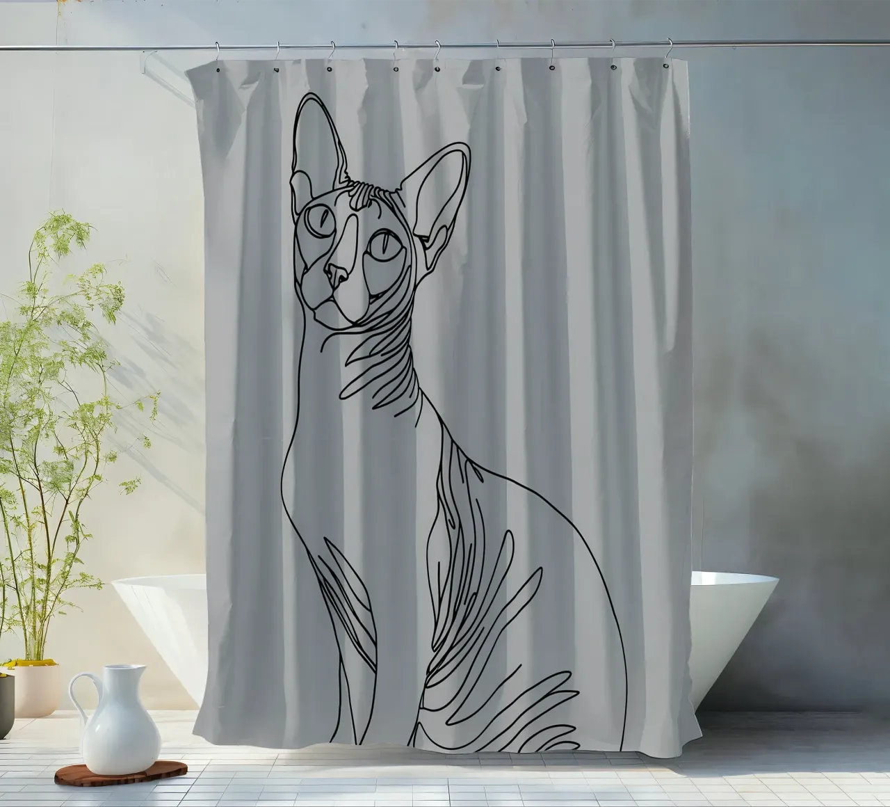Minimalist Line Drawing of a Sphynx Cat | Modern Abstract Ar shower curtain by Viv Line Art