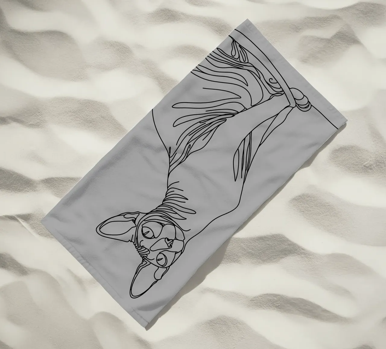 Minimalist Line Drawing of a Sphynx Cat | Modern Abstract Ar beach towel by Viv Line Art
