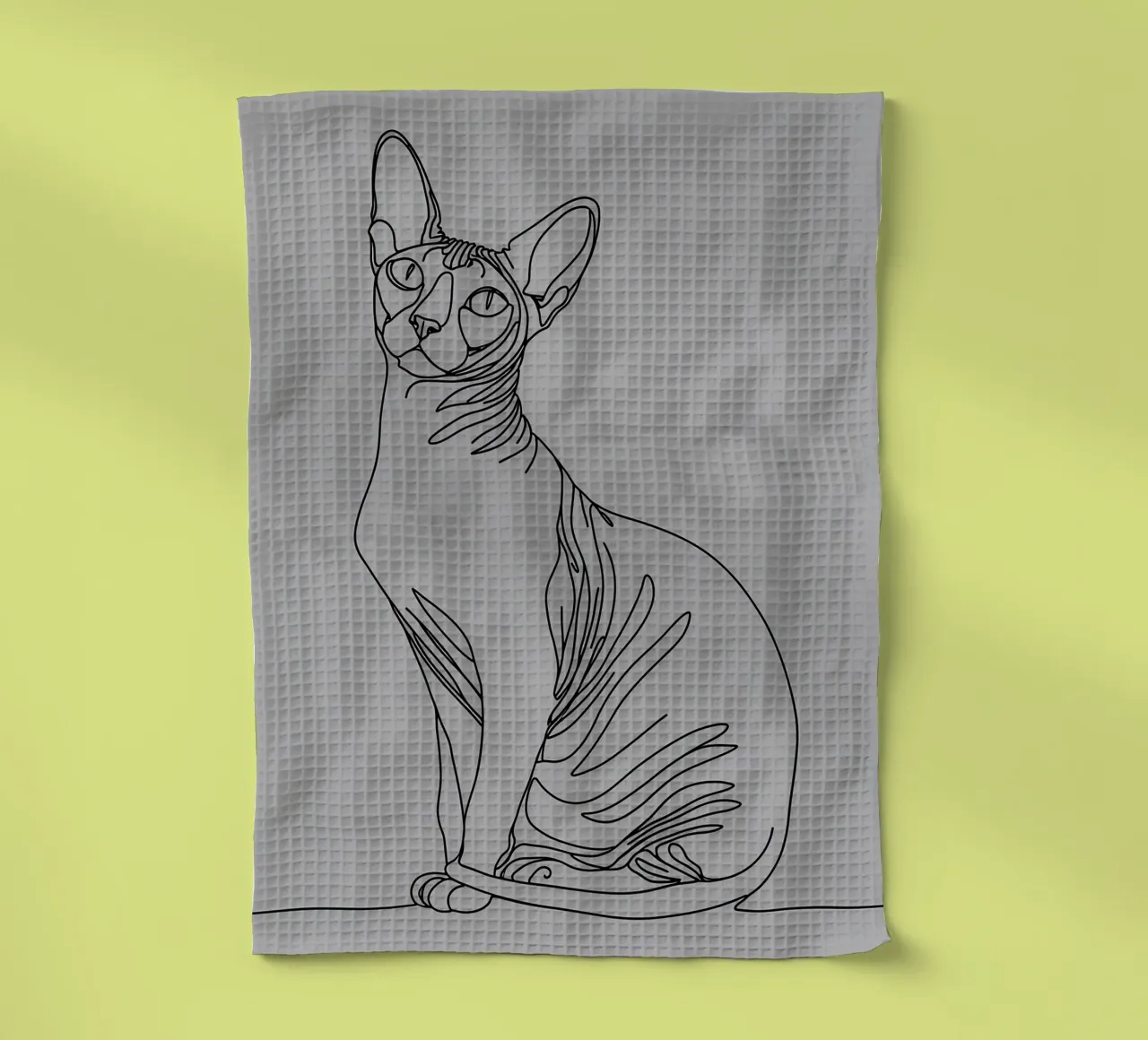 Dessin au trait minimaliste d'un chat Sphynx | Modern Abstract Ar torchon de Viv Line Art
