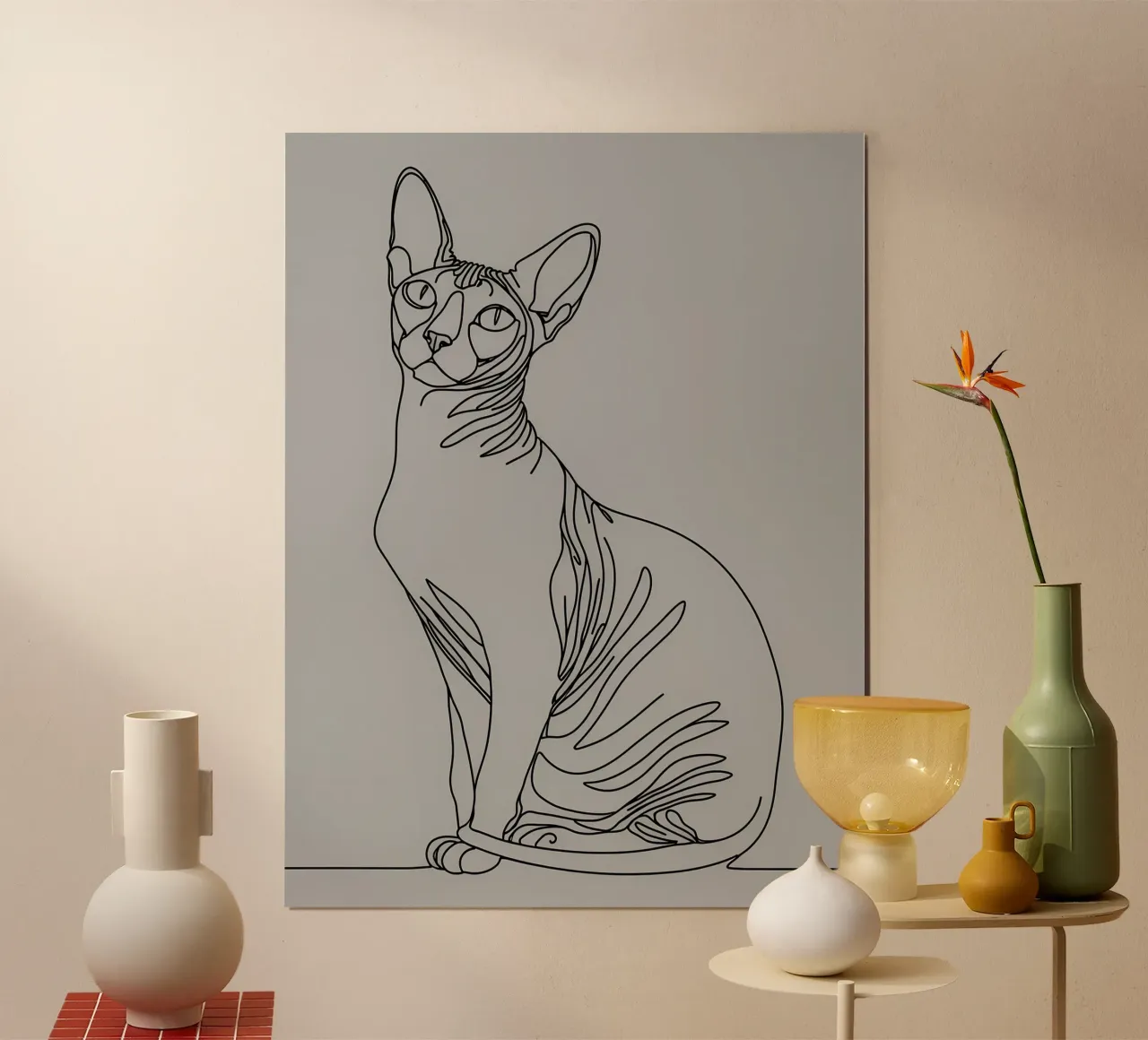 Disegno di linea minimalista di un gatto Sphynx | Ar astratto moderno poster con telaio in alluminio da Viv Line Art