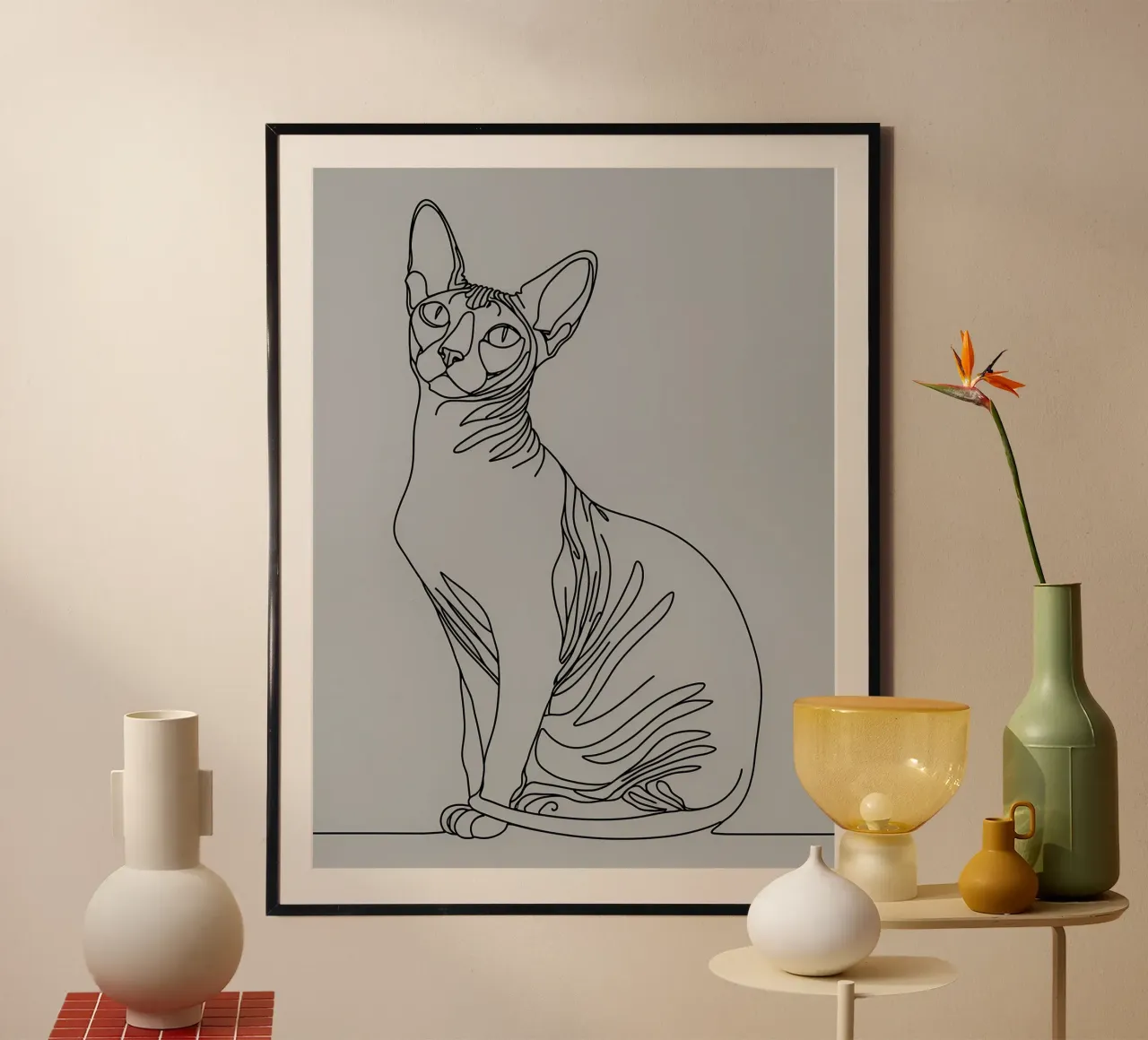 Disegno di linea minimalista di un gatto Sphynx | Ar astratto moderno poster con telaio in alluminio da Viv Line Art