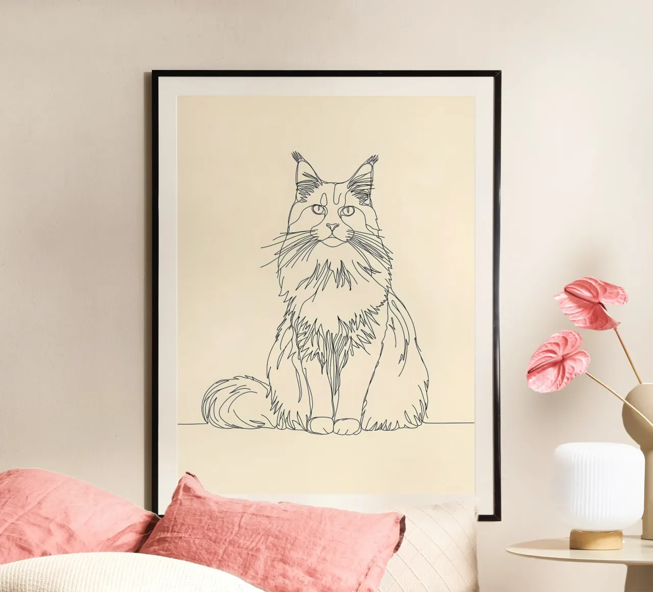 Disegno lineare minimalista di un gatto crisantemo | Modern Abst poster con telaio in alluminio da Viv Line Art