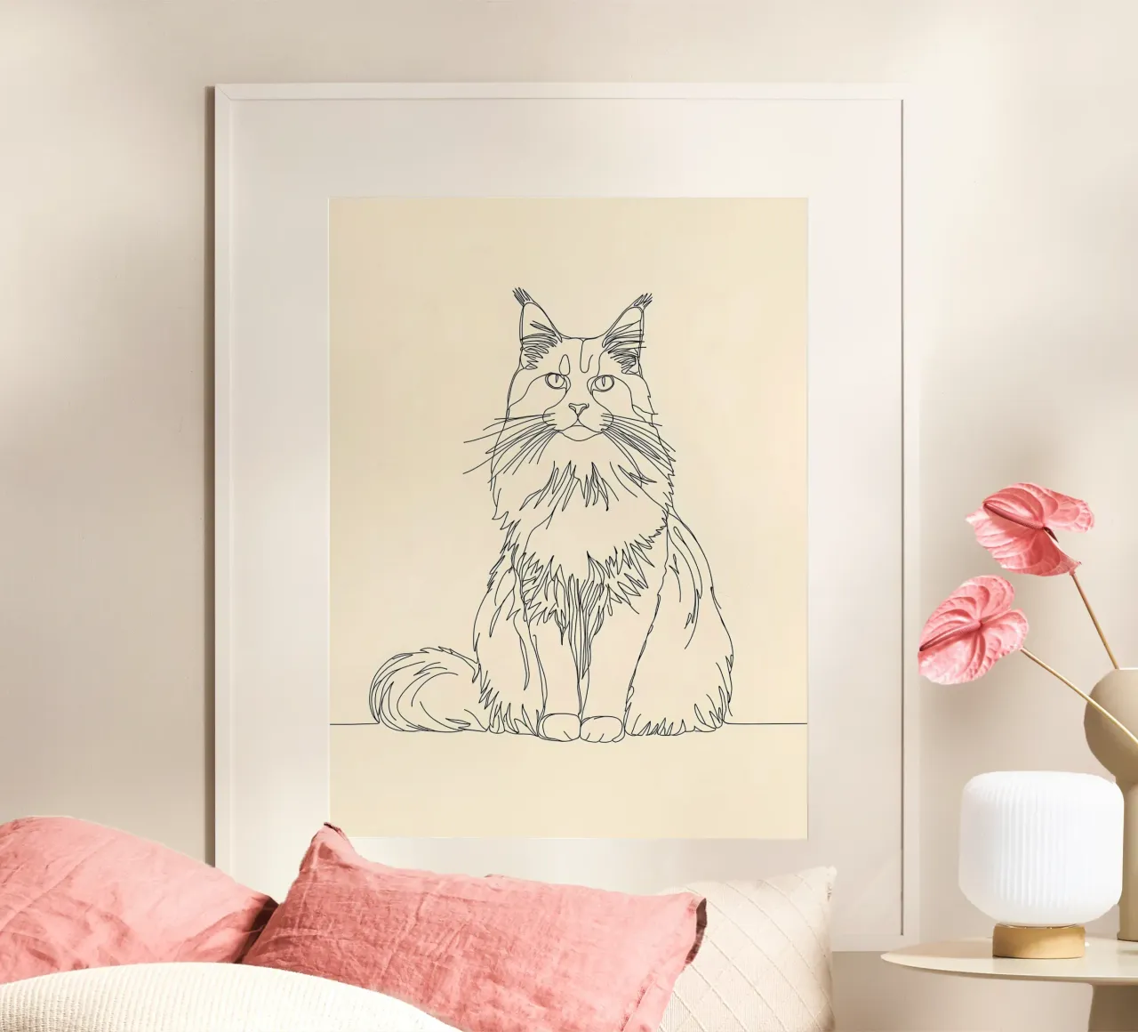 Disegno lineare minimalista di un gatto crisantemo | Modern Abst poster con telaio in alluminio da Viv Line Art