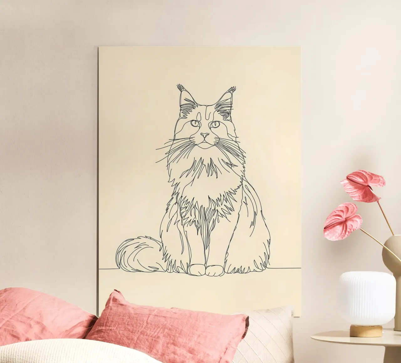 Disegno lineare minimalista di un gatto crisantemo | Modern Abst poster con telaio in alluminio da Viv Line Art