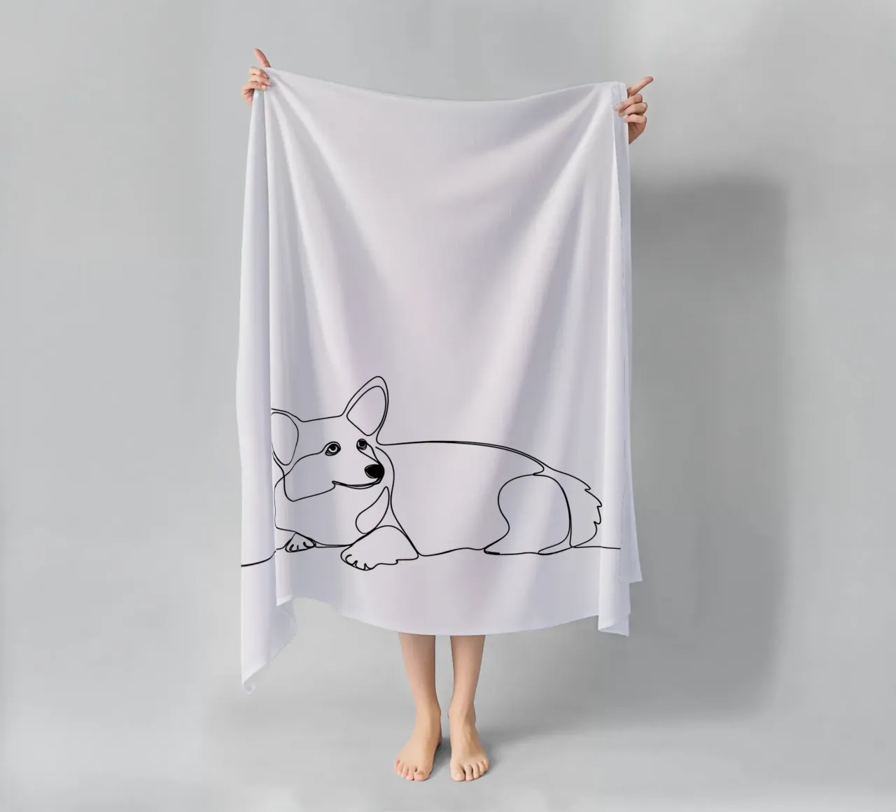 Minimalist Line Drawing of a Corgi | Modern Abstract Art beach towel by Viv Line Art