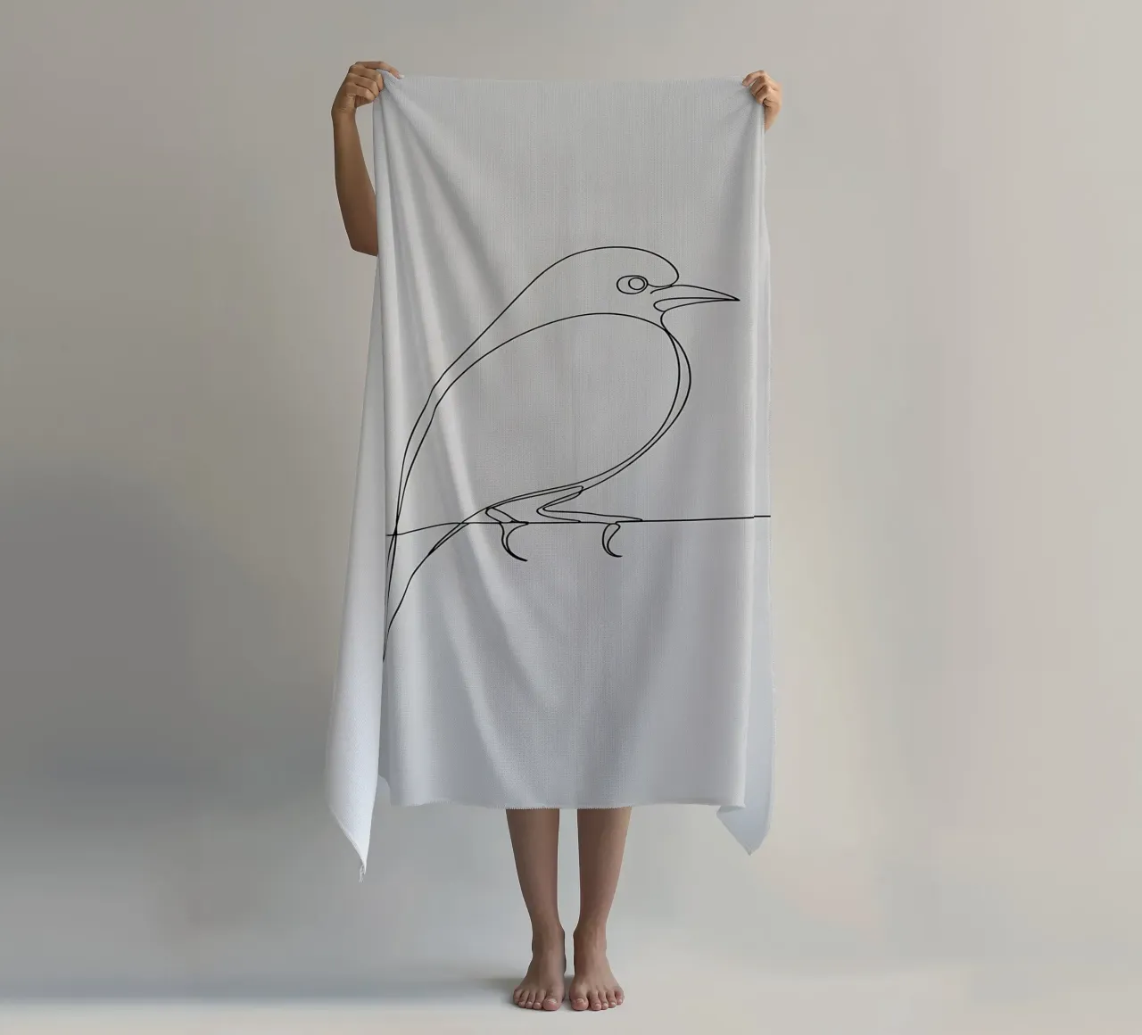 Disegno lineare minimalista di un uccello su un filo | Astrazione moderna telo mare da Viv Line Art