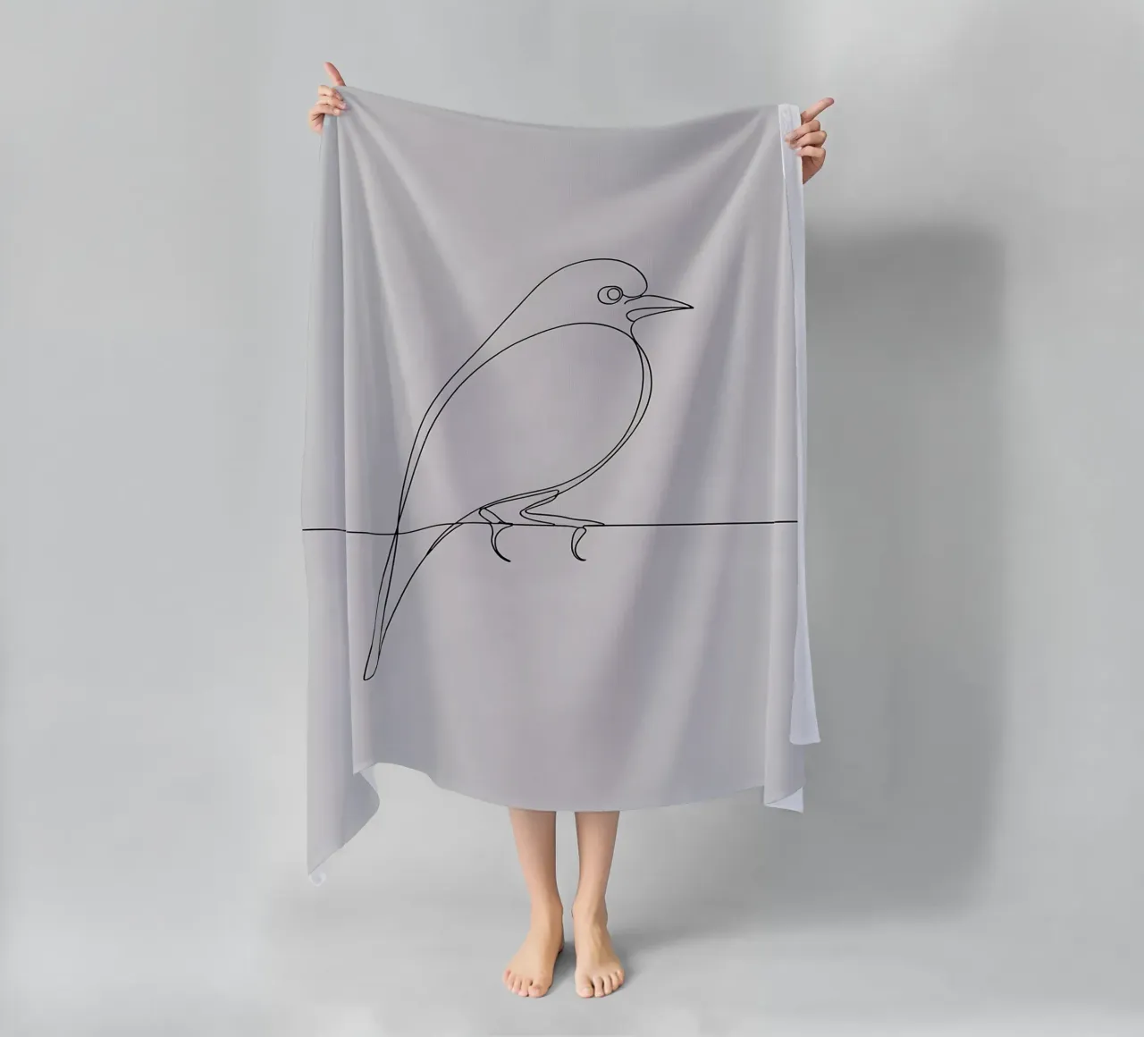 Disegno lineare minimalista di un uccello su un filo | Astrazione moderna telo mare da Viv Line Art