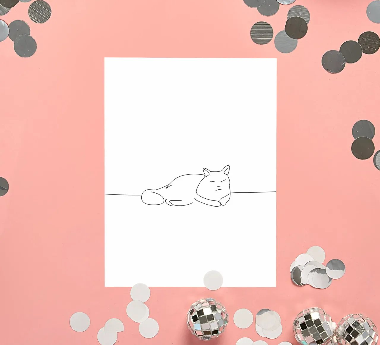 Dessin au trait minimaliste d'un chat endormi | Abstrait moderne autocollant de Viv Line Art