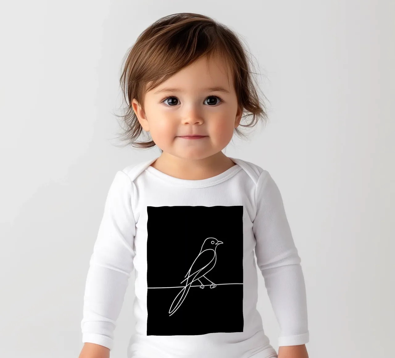 Minimalist Line Drawing of a Bird on a Wire | Modern Abstrac long-sleeve baby romper by Viv Line Art