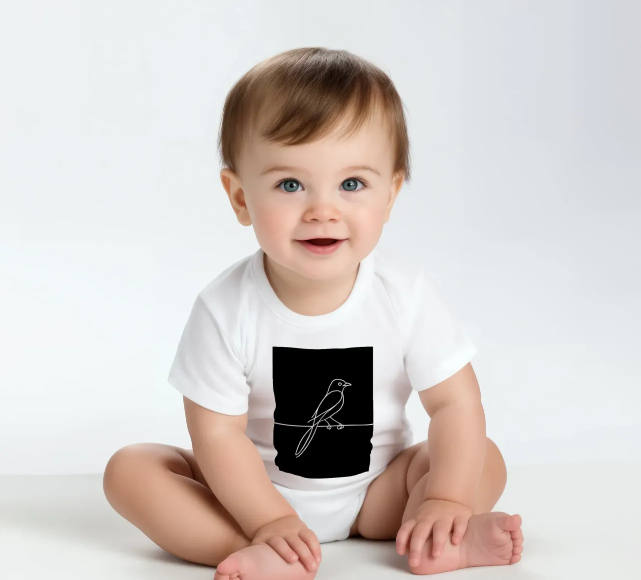 Minimalist Line Drawing of a Bird on a Wire | Modern Abstrac short-sleeve baby romper by Viv Line Art