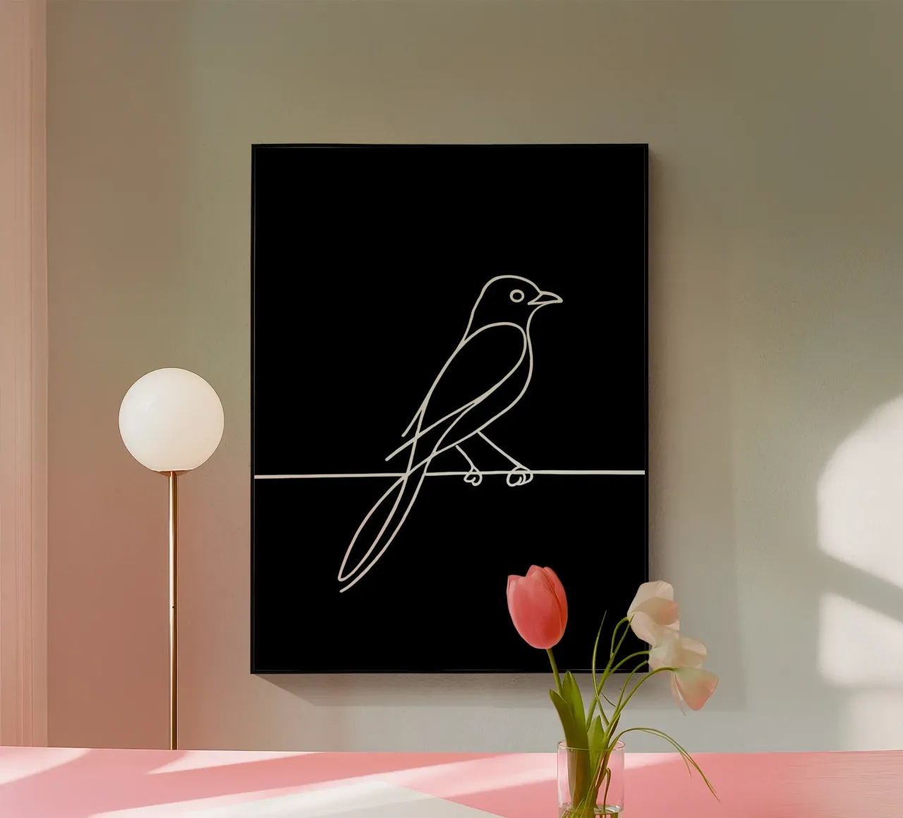 Disegno lineare minimalista di un uccello su un filo | Astrazione moderna plexiglass da Viv Line Art