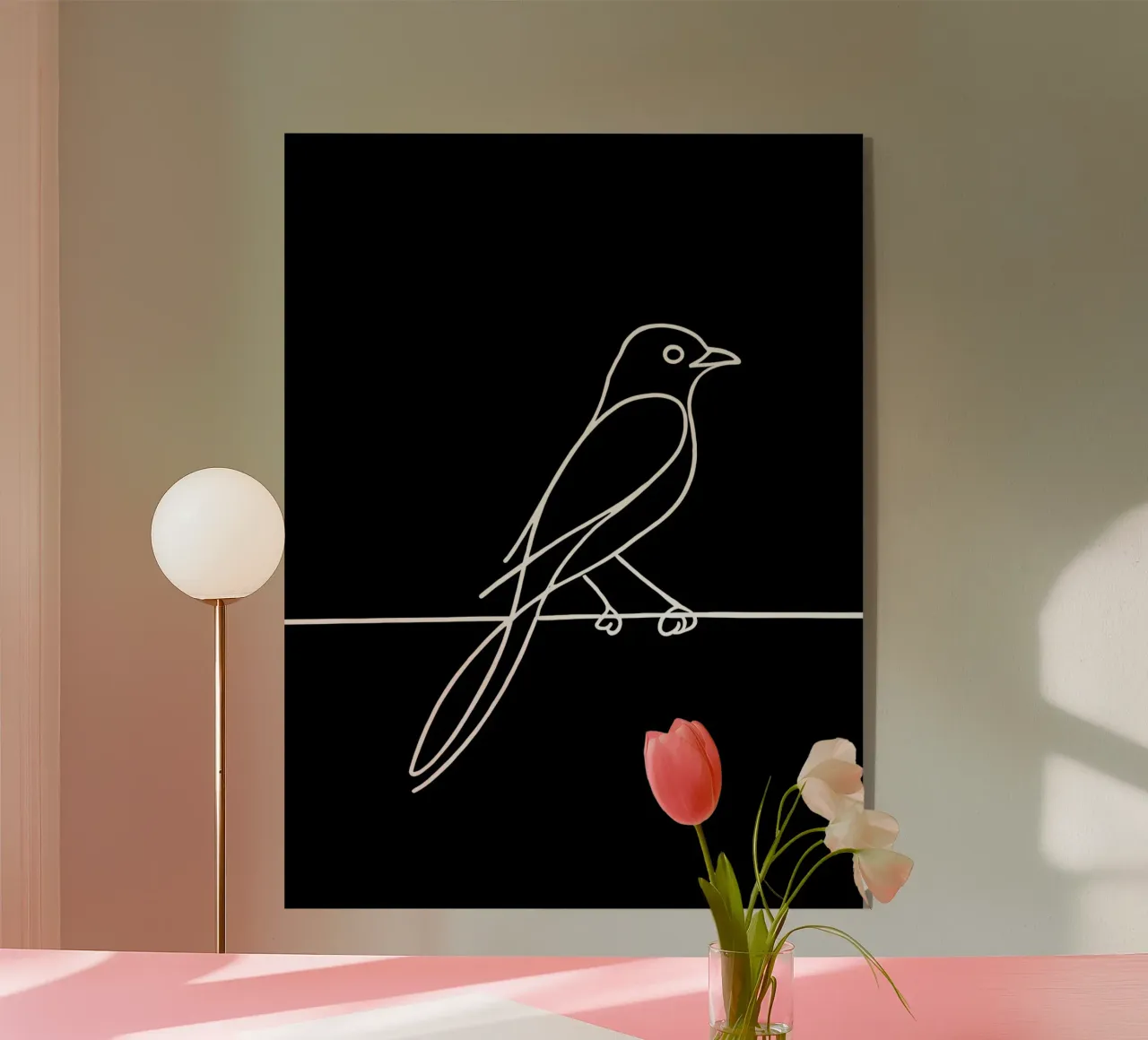 Disegno lineare minimalista di un uccello su un filo | Astrazione moderna plexiglass da Viv Line Art