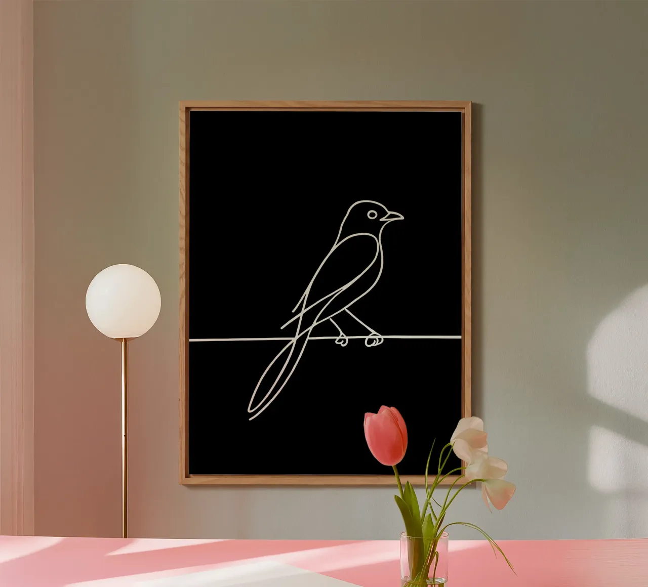 Disegno lineare minimalista di un uccello su un filo | Astrazione moderna alluminio dibond da Viv Line Art