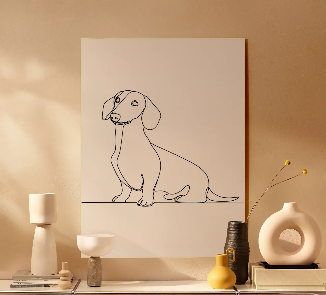 Dessin au trait minimaliste d'un teckel | Modern Abstract Art plexiglas de Viv Line Art