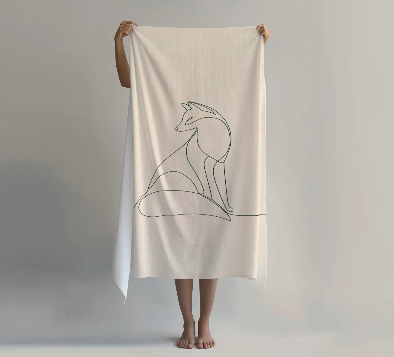 Minimalist Line Drawing of a Fox | Modern Abstract Art beach towel by Viv Line Art