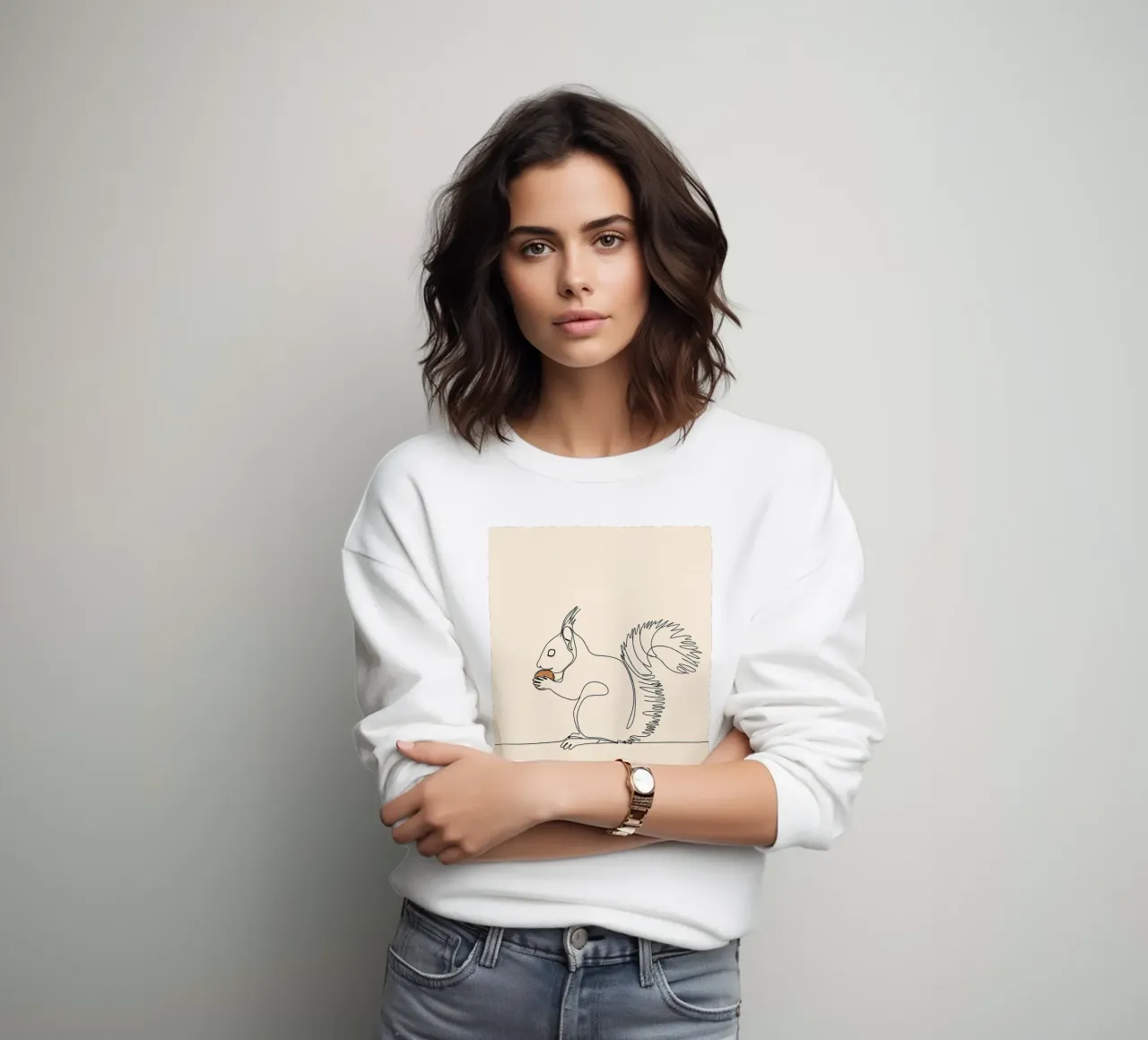 Dessin minimaliste d'un écureuil mangeant une noix | Moderne sweat de Viv Line Art