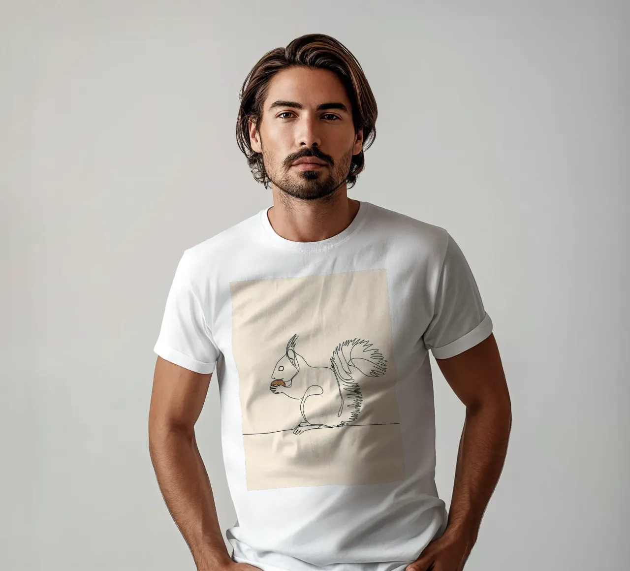 Dessin minimaliste d'un écureuil mangeant une noix | Moderne t-shirt de Viv Line Art