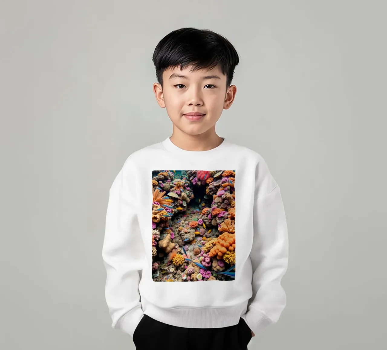 Colorful coral reef teeming with diverse marine life kids sweatshirt by DesignDoodle