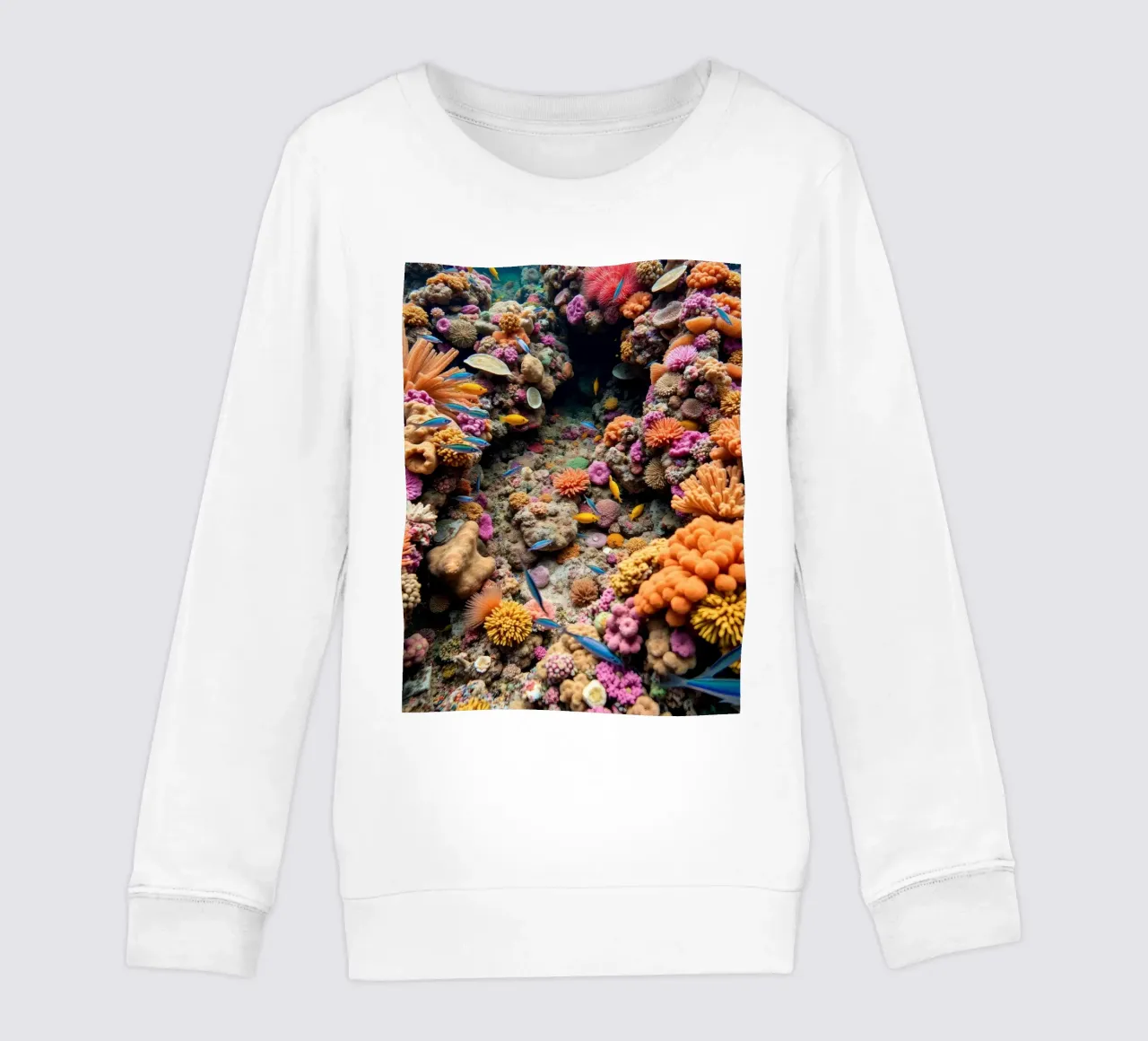 Colorful coral reef teeming with diverse marine life kids sweatshirt by DesignDoodle