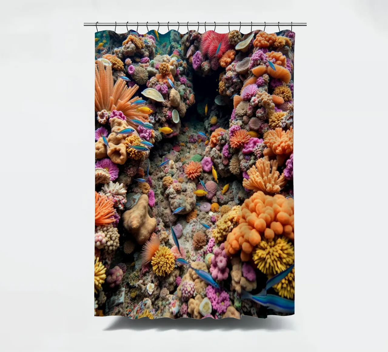 Colorful coral reef teeming with diverse marine life shower curtain by DesignDoodle