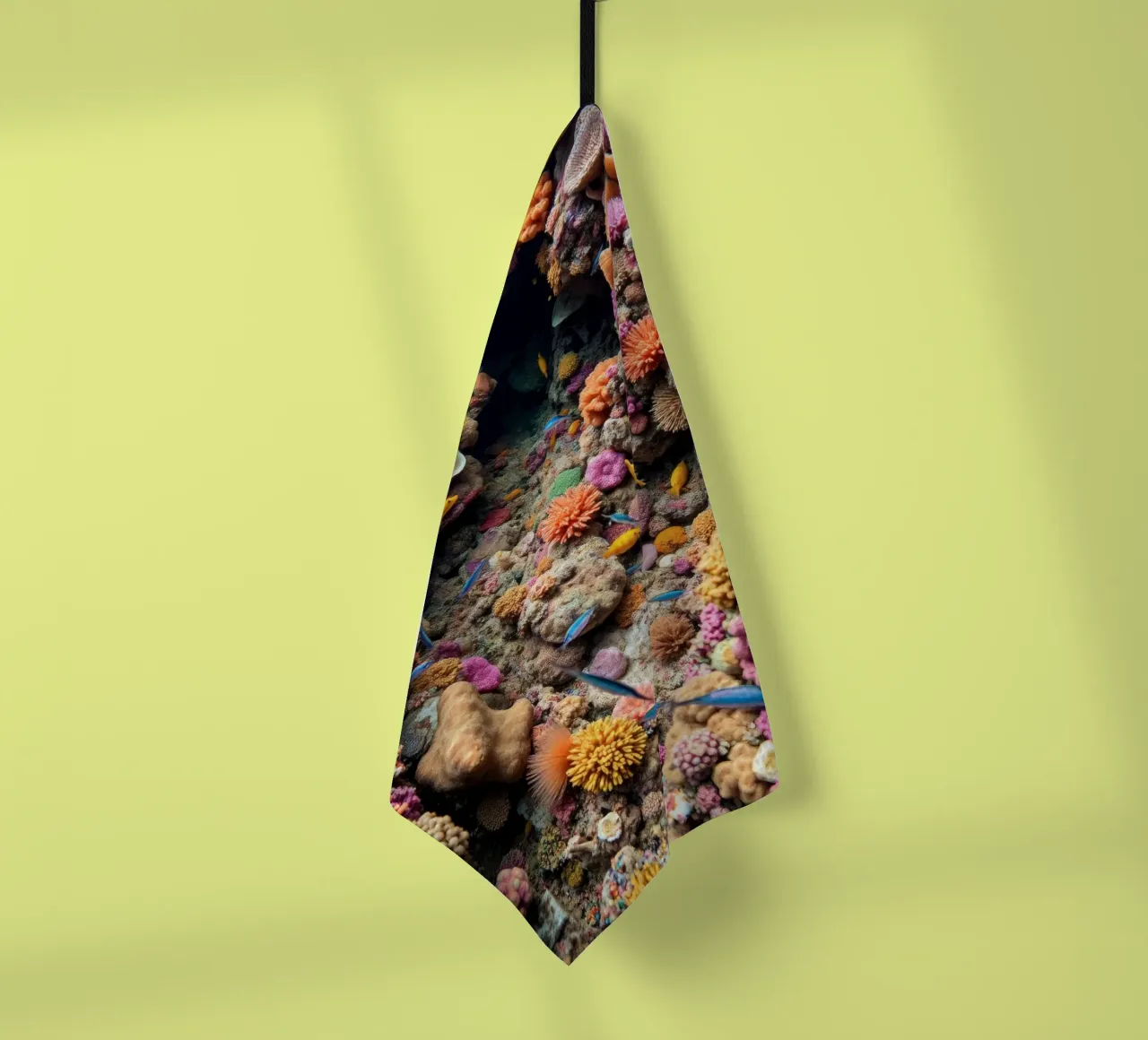 Colorful coral reef teeming with diverse marine life tea towel by DesignDoodle