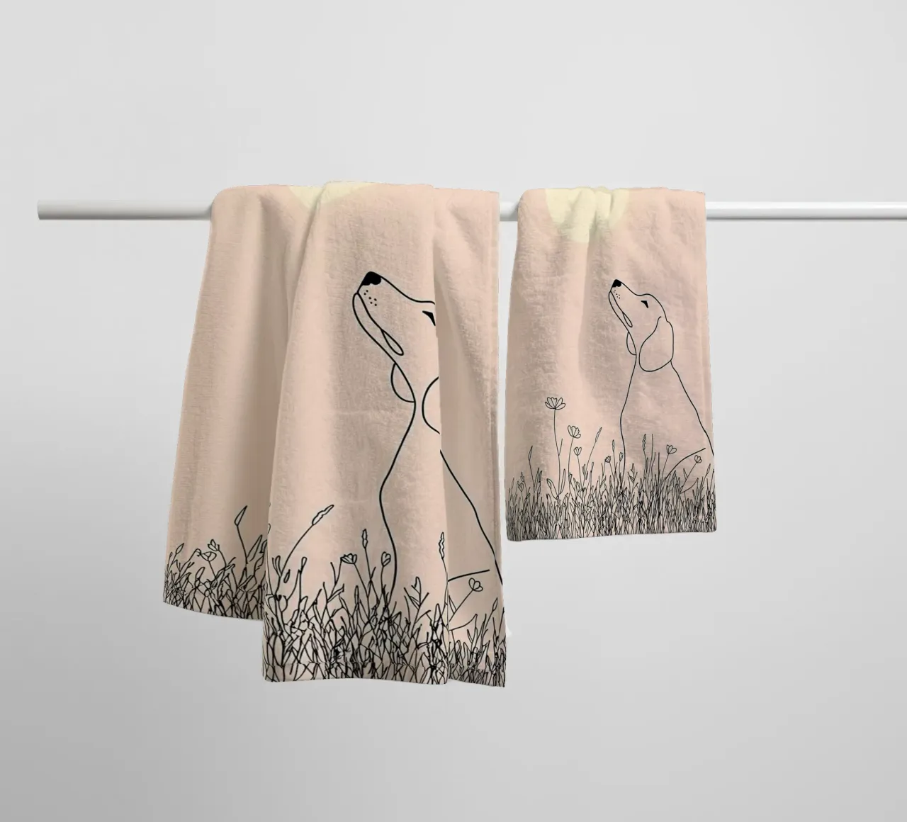 Minimalist Line Drawing of a Dog Watching the Sun | Modern A towel by Viv Line Art